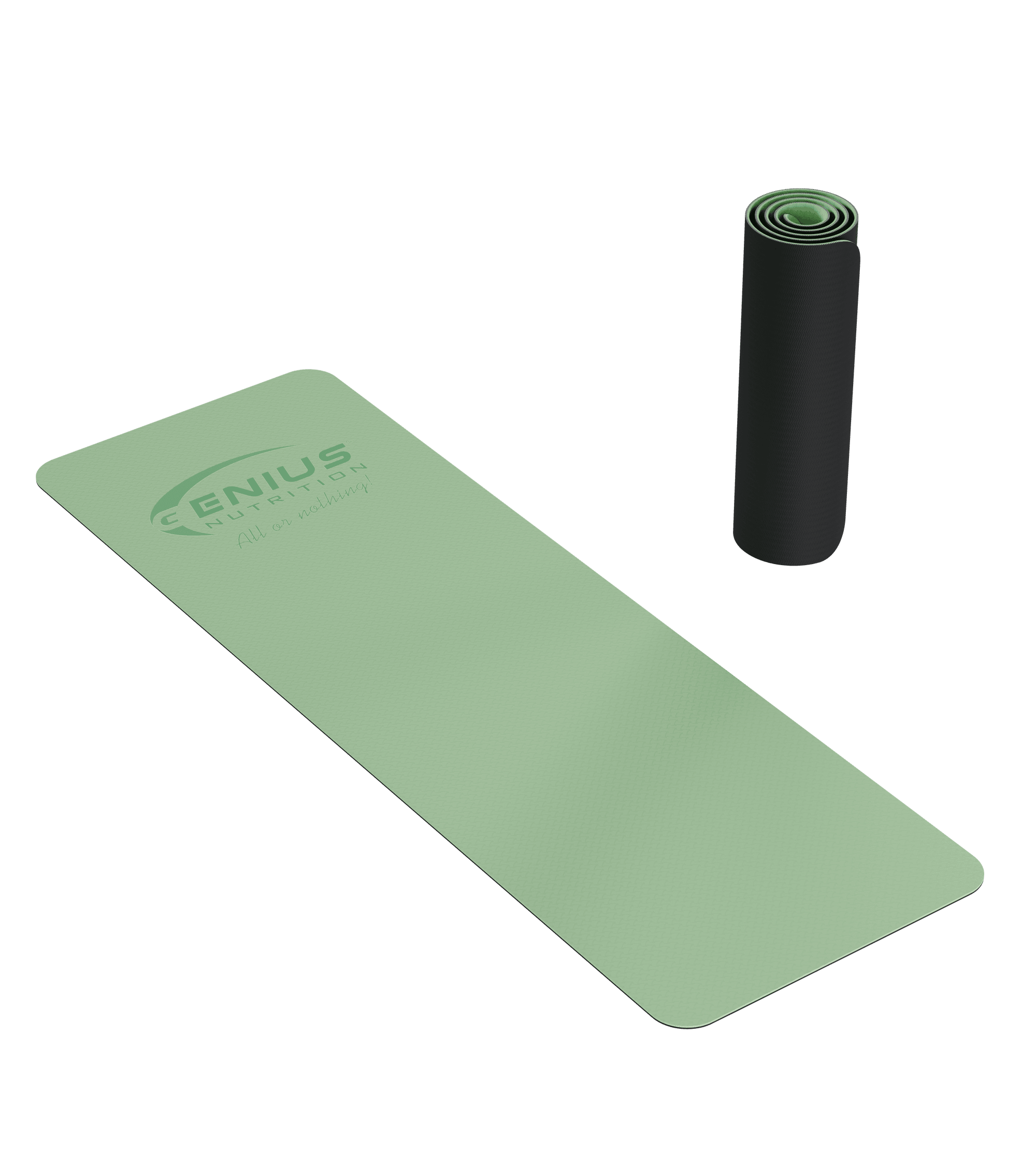 Green Genius Nutrition TPE yoga mat for fitness exercises, showcasing textured surface and non-slip design.