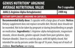 Genius Nutrition Arginine AKG supplement bottle with 90 capsules, showing the product label and capsules inside.