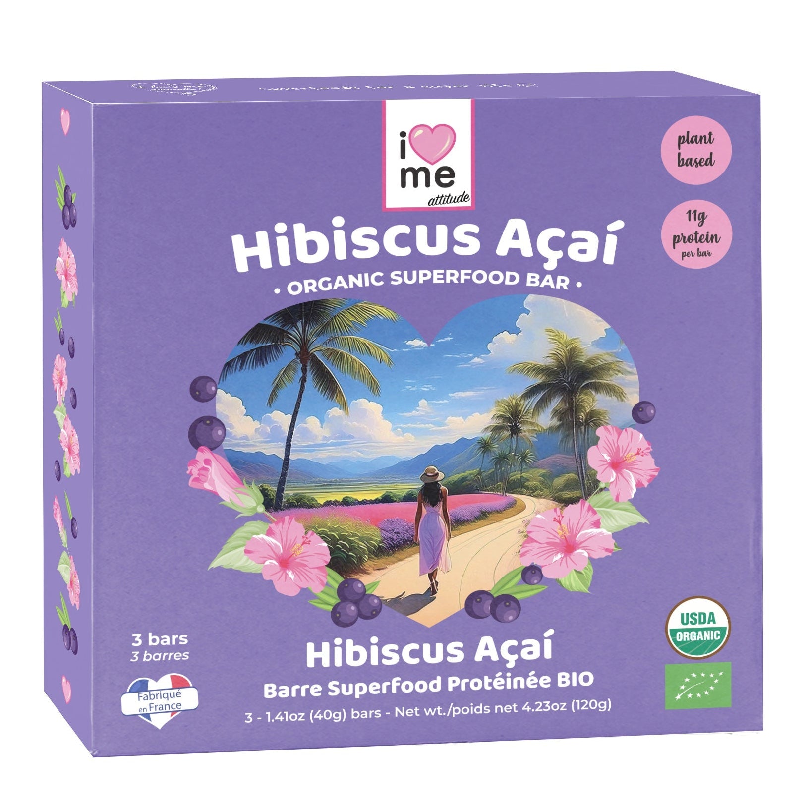 Organic hibiscus and acai protein bars by I LOVE ME, vegan superfood snack, three-pack, with colorful hibiscus and acai ingredients.