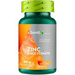 Bottle of Adams Supplements Zinc Bisglycinate capsules, 90 count, dietary supplement for immune support and mineral health.