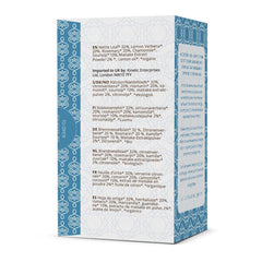 Herbalistas RA Hygge BIO Moody Blues herbal tea with Maitake in a box of 16 tea bags, featuring blue packaging and tea bags inside.
