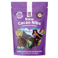 Organic cacao nibs in a 115g bag from ILOVE ME superfood line, showcasing crunchy cacao pieces on a neutral background.