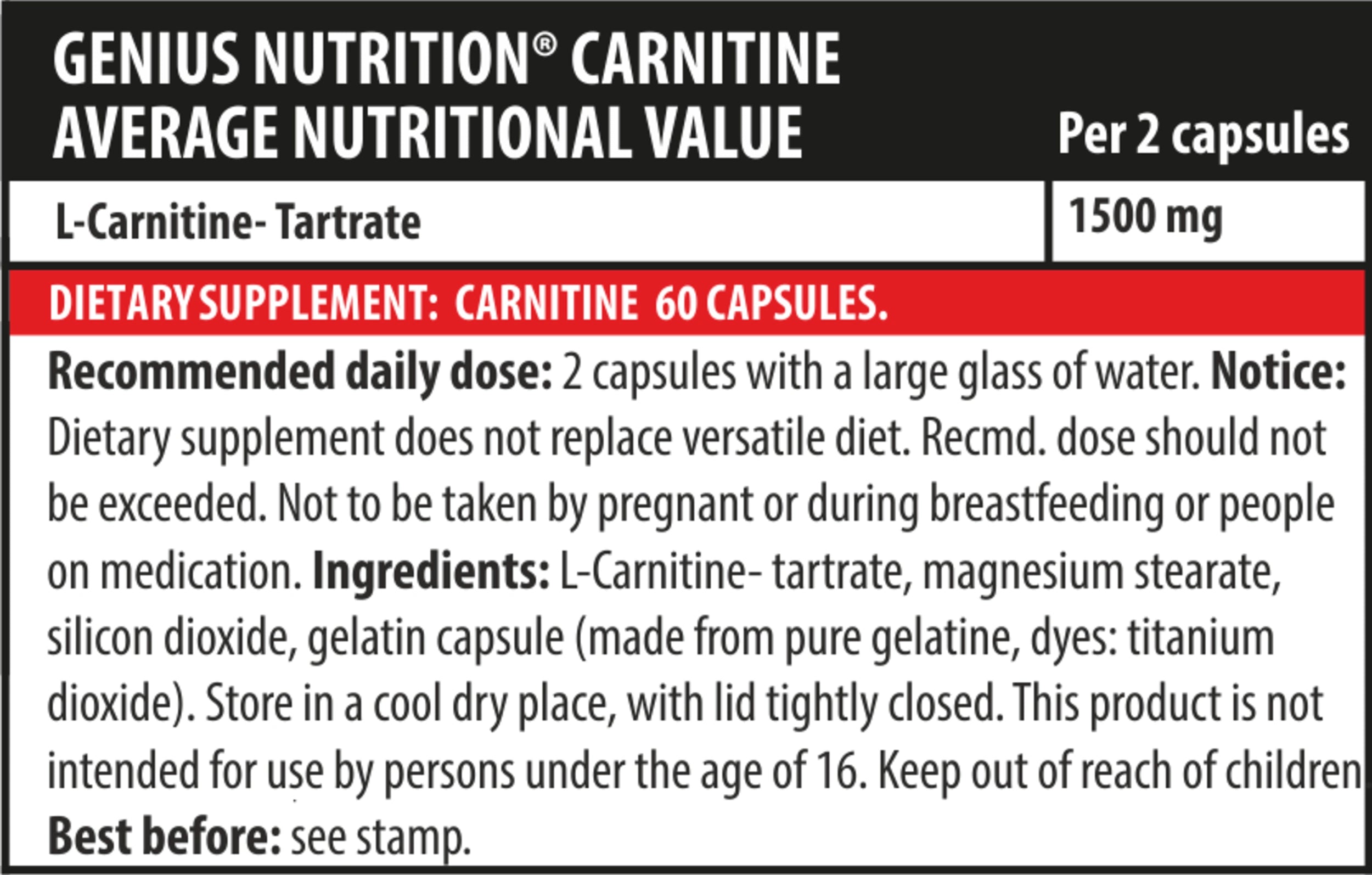 Carnitine 60caps, Genius Nutrition - GREEN LIFE CYPRUS