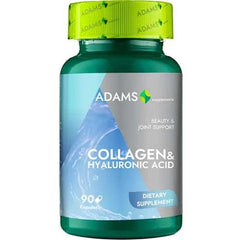 Adams Supplements Collagen and Hyaluronic Acid supplement in 90 capsules, showing the bottle and label.