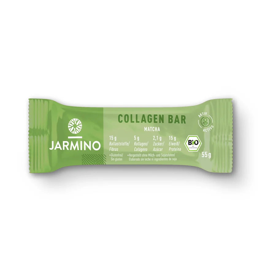 Jarmino Organic Collagen Bar with Matcha Green Tea, high-protein snack in a 55g jar, showing the green tea-flavored collagen bar.