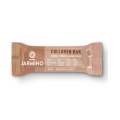 Organic collagen bar with almonds and chocolate by Jarmino, high-protein snack in a 55g package, featuring a chocolate and almond flavor.
