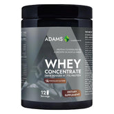 Adams Supplements whey concentrate protein powder in 360g package, chocolate flavor, in a resealable container.