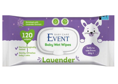 Event Baby Wet Wipes with Lavender, 120 pcs, by PETROUTSIOS, showing soft, moist wipes with lavender scent packaging.