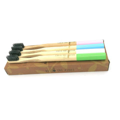 Family pack of OLD PRODUCTS bamboo adult toothbrushes with charcoal bristles, eco-friendly wooden handles, and Earth & Ocean design.