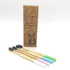 Family pack of adult bamboo toothbrushes with charcoal bristles from OLD PRODUCTS, featuring natural bamboo handles and eco-friendly design.
