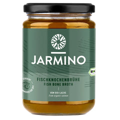 Jarmino organic salmon fish bone broth in a 350ml jar, featuring salmon collagen and minerals, served in a clear glass jar.
