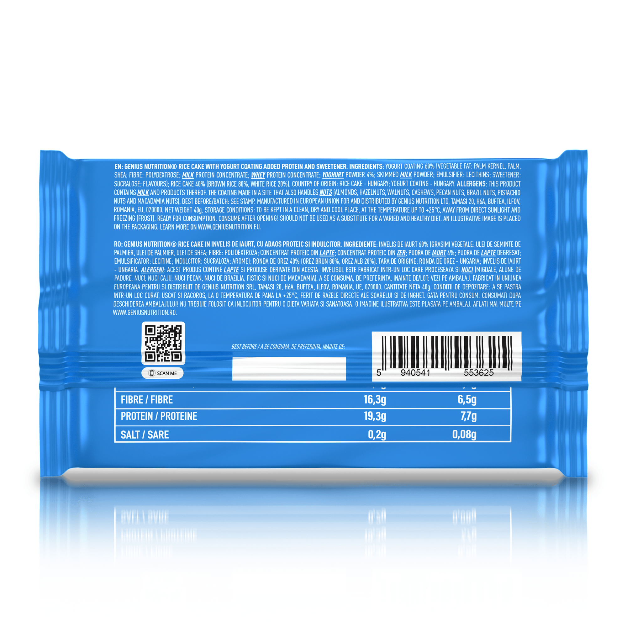 Genius Nutrition 40g rice cake energy snack with yogurt flavor, shown as a packaged food supplement in the image.