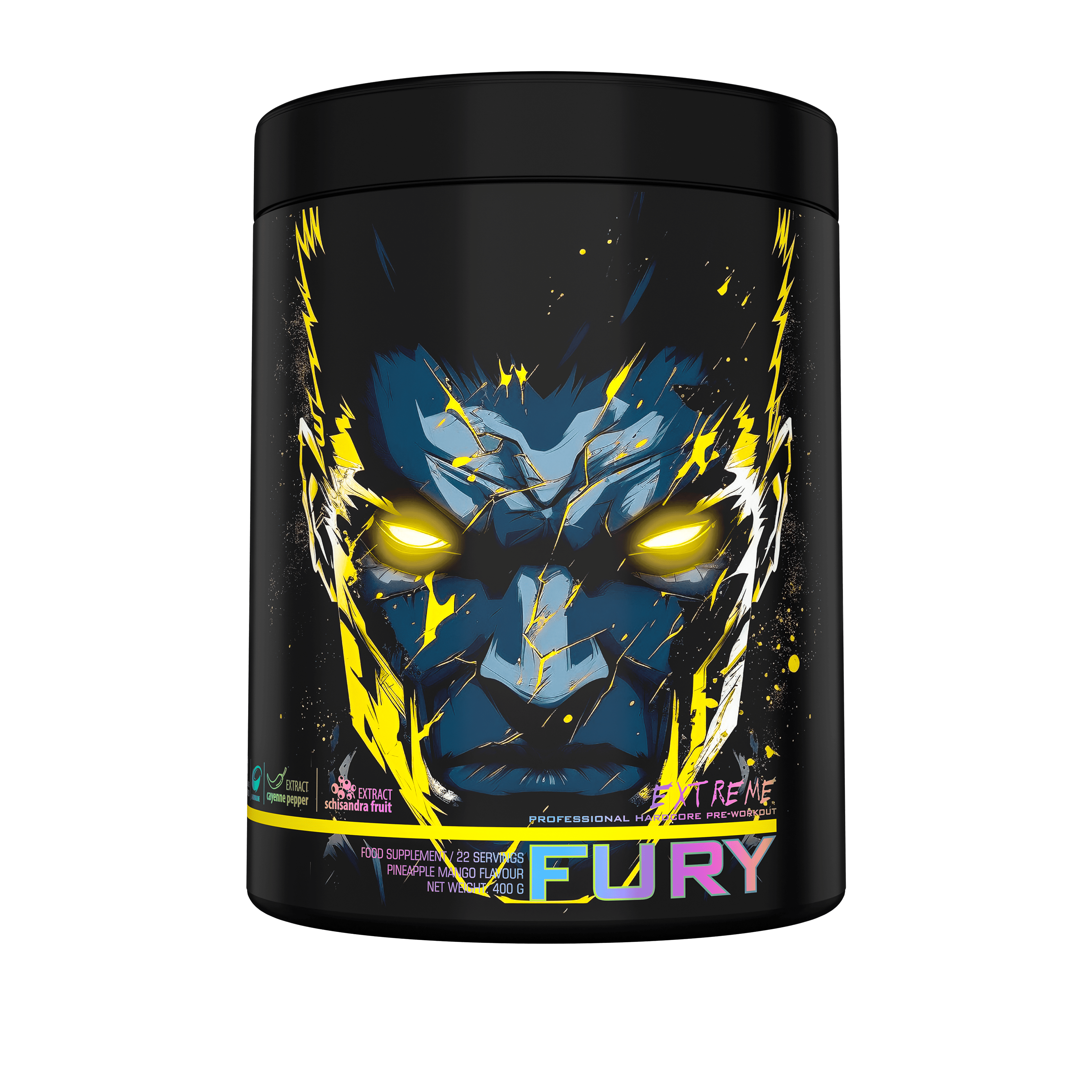 Fury Extreme energy food supplement by Genius Nutrition in mango pineapple flavor, 400g package.