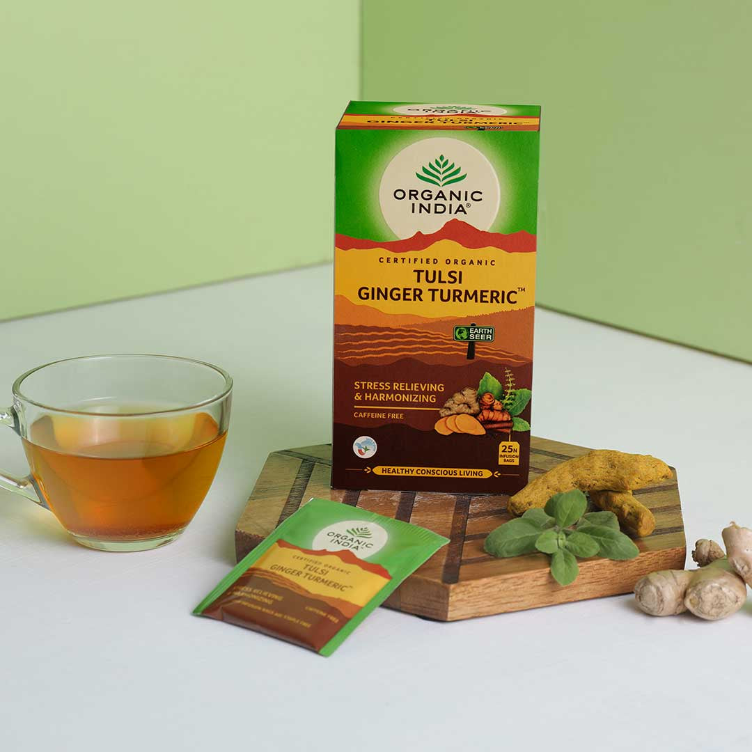 Organic India, BIO Tulsi Turmeric Ginger Premium Tea, Caffeine-Free, 25 Infusion Bags