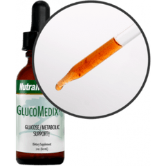 SENTOSA Nutramedix GlucoMedix diabetes control supplement bottle with label and supplement capsules on a white background.