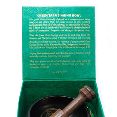 Green Tara singing bowl set by AW GIFTS, 10cm diameter, made of 380g metal, used as a spiritual or decorative drink accessory.
