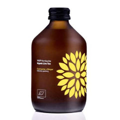 Herbalistas VIGO Kombucha tea with bio turmeric and ginger in a 330ml bottle, showcasing the brewed tea with fresh ingredients.