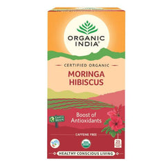 Organic India BIO Moringa & Hibiscus herbal infusion bags, vibrant dried herbs in a clear packet, ready for brewing.