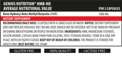 Genius Nutrition HMB-HD supplement bottle with 90 capsules, dietary support supplement for muscle health and recovery.