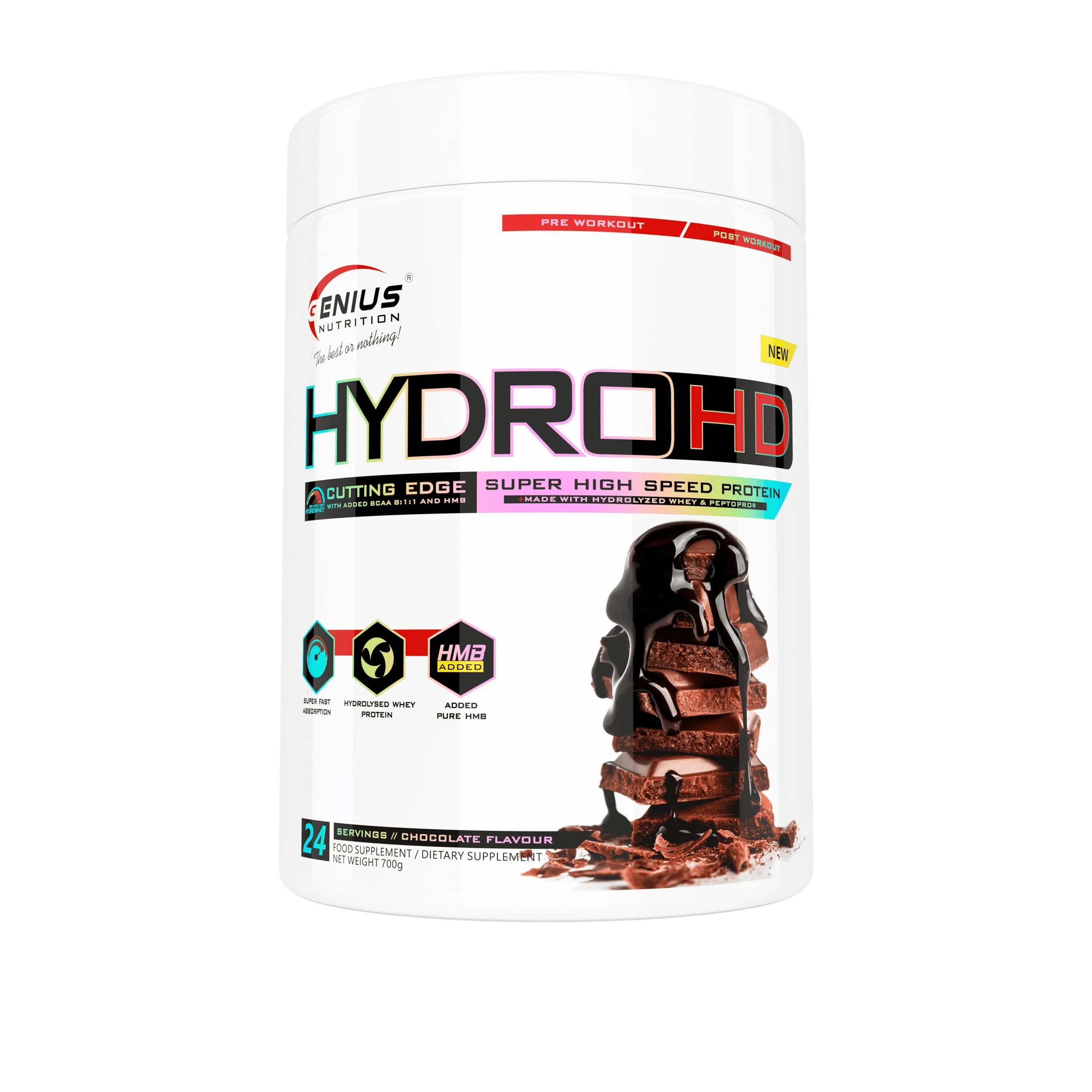 Hydro-HD protein powder by Genius Nutrition in 700g container, showing the supplement container on a plain background.