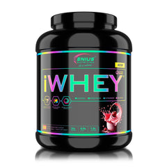 Genius Nutrition iWHEY protein powder in Cherry Cream Cake flavor, 2000g container with 60 servings.