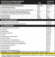 Genius Nutrition INTRA-HD supplement container with 750g label, showing powder and product details on the packaging.