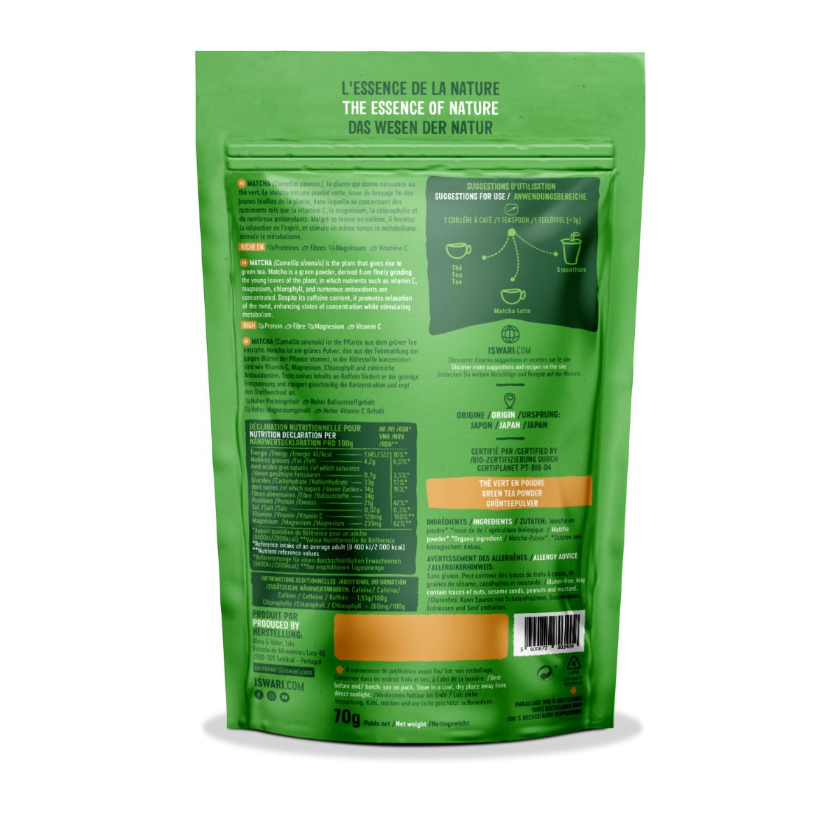 Iswari, BIO Matcha Powder, Gluten Free, 70g