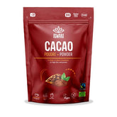 Iswari BIO cacao powder in 250g package, gluten-free supplement, shown in front view with cocoa powder and branding details.