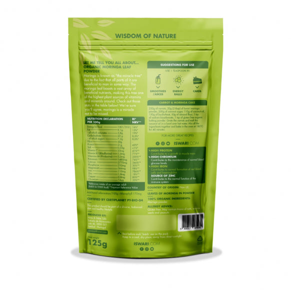 Iswari, BIO Moringa Powder, Χωρίς γλουτένη, 125 γρ