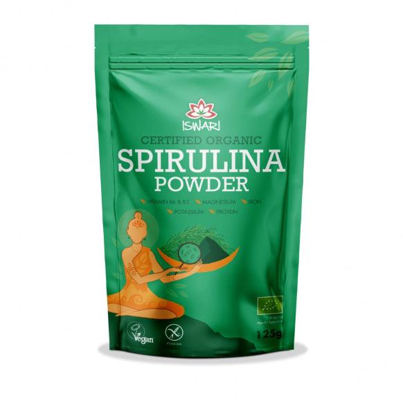 Old Products Iswari BIO Spirulina Powder supplement in 125g package, showing the green powdered supplement in a clear container.