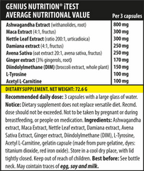 Genius Nutrition iTest 90-caps supplement bottle with label, dietary supplement for health and wellness.