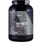 Adams Supplements whey isolate protein powder in chocolate flavor, 908g jar with a scoop and label visible.