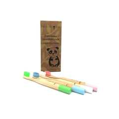 Kids edition bamboo toothbrush set from OLD PRODUCTS featuring colorful handles with ocean-themed designs for children.