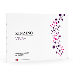 Zinzino Viva+ supplement bottle with 60 tablets, dietary supplement by Zinzino displayed against a plain background.