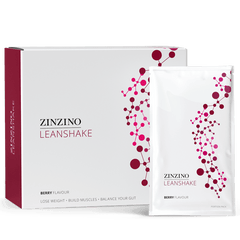 Zinzino LeanShake Berry flavor protein powder pack with 16 individual 30g servings, featuring colorful berry imagery on the packaging.