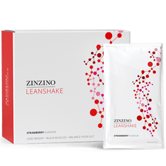 Zinzino LeanShake strawberry protein powder pack with 16 individual 30g servings, shown in a large, colorful image.