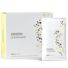 Zinzino LeanShake vanilla protein powder pack with 16 sachets of 30g each, shown in a large image.