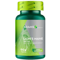 Bottle of Adams Supplements Lion's Mane 500mg capsules, dietary supplement in a clear container with a label.