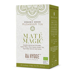 Herbalistas RA Hygge BIO Maté Magic Yerba Maté tea with Shiitake in 16 tea bags, featuring a colorful box and tea bags inside.