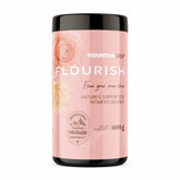Herbalistas MountainDrop FLOURISH natural Shilajit blend supplement jar with label, 600g, front view with shadow on white background.