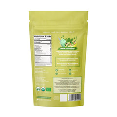 Organic Moringa powder supplement from Herbalistas, 200g package, showing a vibrant green powder in a clear container.