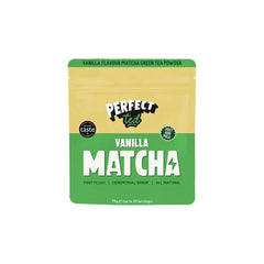 Herbalistas PerfectTed ceremonial grade vanilla matcha powder in a 75g pouch with front and back views.