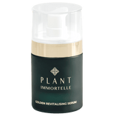 Golden Revitalizing Serum from PLANT IMMORTELLE skincare line in a clear glass bottle with a dropper applicator.