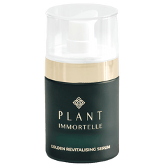 Golden Revitalizing Serum from PLANT IMMORTELLE skincare line in a clear glass bottle with a dropper applicator.