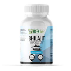Green Life Cyprus Shilajit supplement in 90 vegan capsules, showing the dark, natural Himalayan resin supplement bottle.