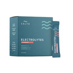 Herbalistas Salte Performance Electrolytes supplement in strawberry flavor, 30 sachets, with a close-up of the sachets and packaging.