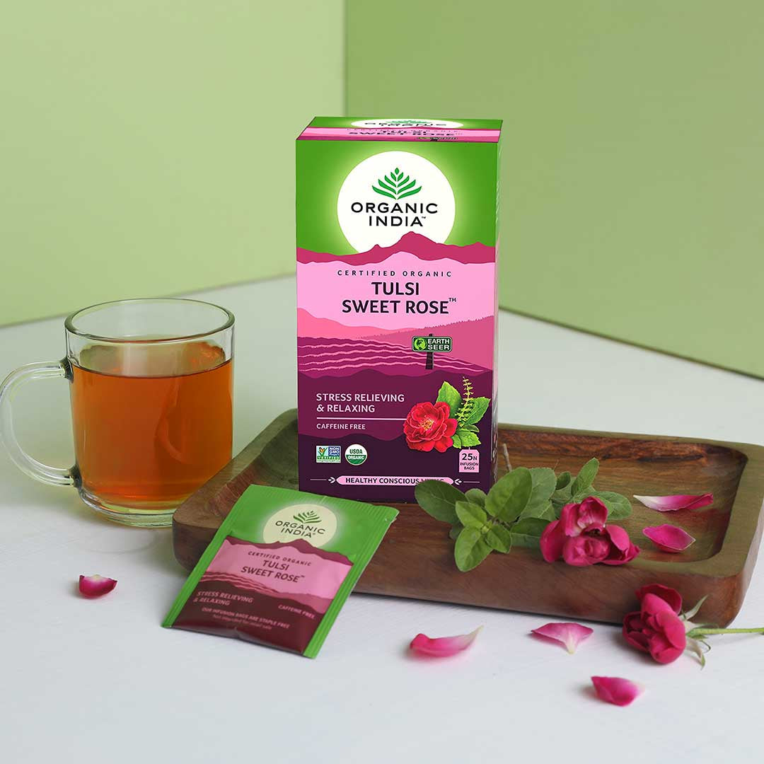 Organic India, BIO Tulsi Sweet Rose Tea, Χωρίς καφεΐνη, 25 σακουλάκια έγχυσης 