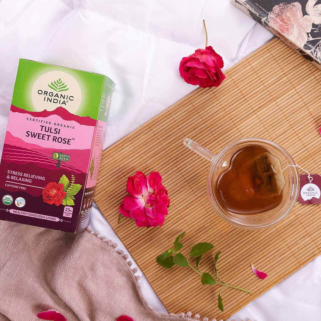 Organic India, Чай BIO Tulsi Sweet Rose, без кофеина, 25 пакетиков для заваривания 