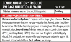Genius Nutrition Tribulus supplement bottle with 90 tablets, natural herbal supplement for fitness and vitality.