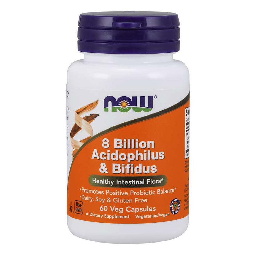Old Products NOW Foods Acidophilus & Bifidus probiotic supplement with 8 billion CFUs in 60 veggie capsules, supporting digestive health.